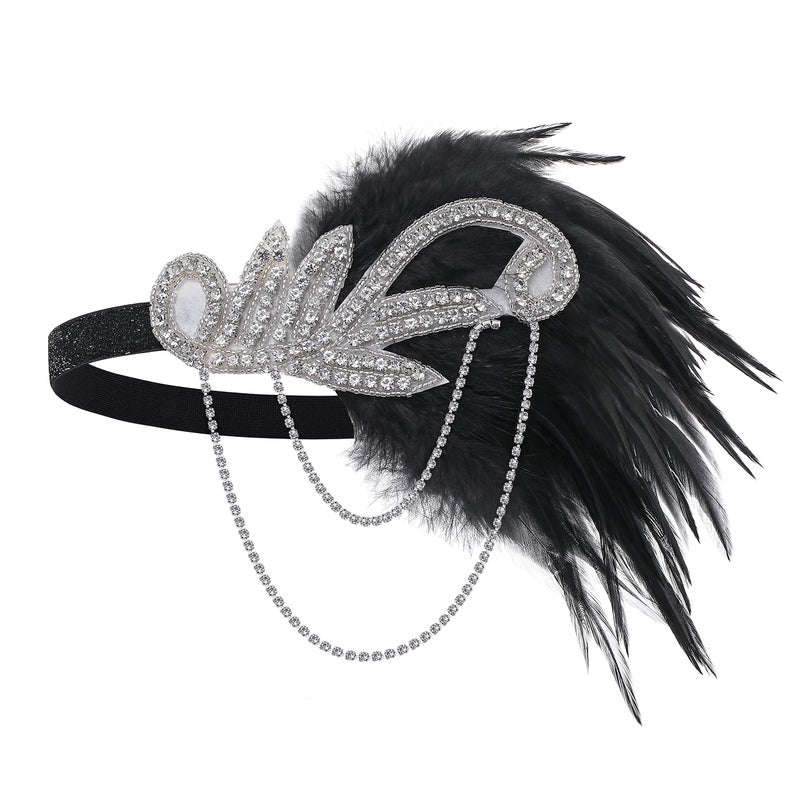 BABEYOND 1920s Flapper Headband Roaring 20s Great Gatsby Feather Headpiece (Black) - Image 1
